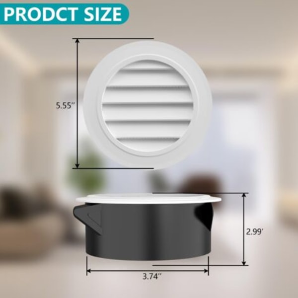 Paket med 4 tums takfotsventil, Rund ventilationsgaller med inbyggt nät, ABS-galler, Vit takfotsventil för torktumlare