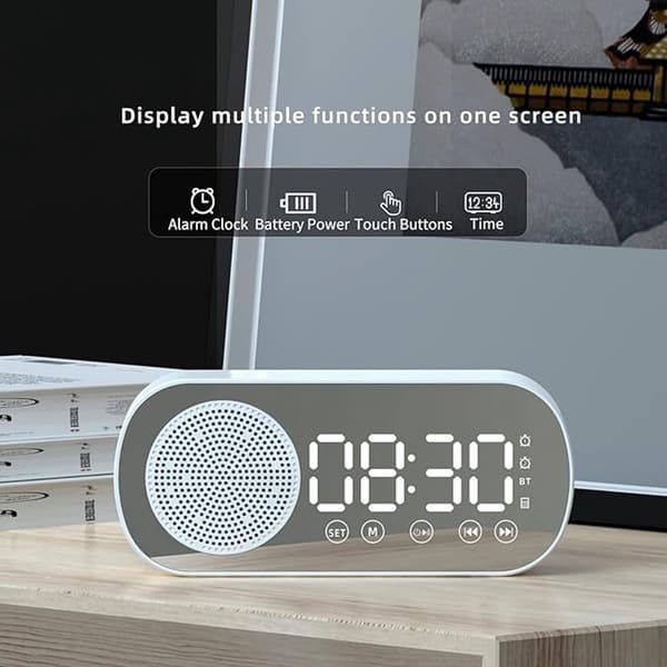Digital Väckarklocka Bluetooth-högtalare med LED-spegeldisplay och dubbla larm för sovrummet Vit