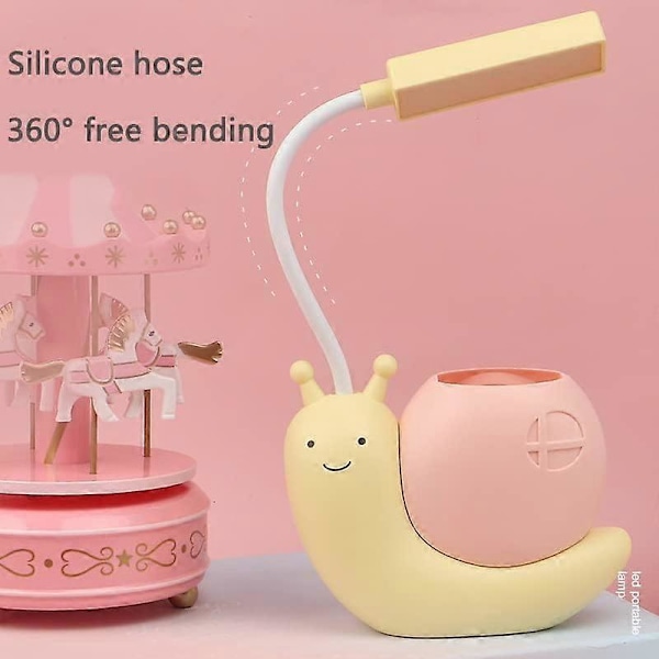 XJ-LED-skrivebordslampe for barn med pennholder, snegleform USB-lading studentlæring øyebeskyttelse lampe 360 bøybar justerbar hals gul