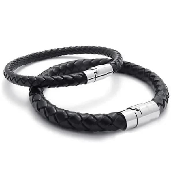 Armbånd i rustfrit stål og flettet læder, til mænd og kvinder, sort - Bredde 6 mm - Længde