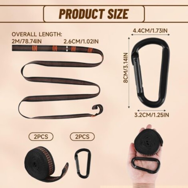2-pack Hängmatteband med karbinhakar - Kraftiga hängmatteband för gunga, camping, hängande sits - Maxlast 300 kg - Högkvalitativ polyester