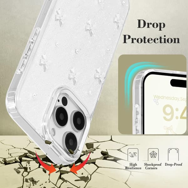 Compatible with iPhone 16 Pro, Bling Glitter 3D Bow Phone Case Cute Sparkly Crystal Clear Bow Slim Soft Durable Protective Cover White Whit White iPhone 16 Pro