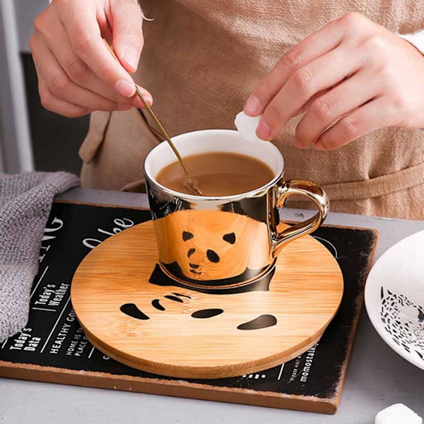XJ-Gyllene Spegelreflex Kopp Och Träfat Kaffekopp (panda)a