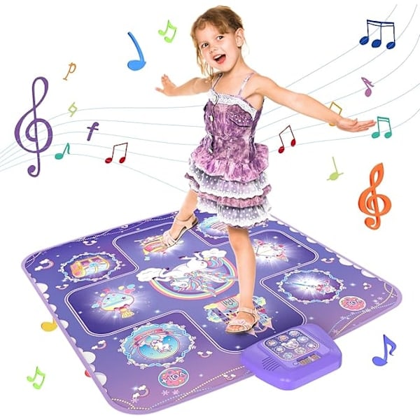 Unicorn Dansematte med 5 spillemoduser, LED-lys for jenter 3-12 år