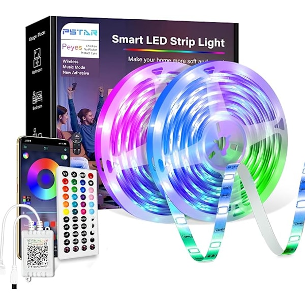 XJ-LED-strip 20 m, PSTAR Bluetooth LED-strip RGB 24 V med IR-fjärrkontroll, app-styrbart musikläge