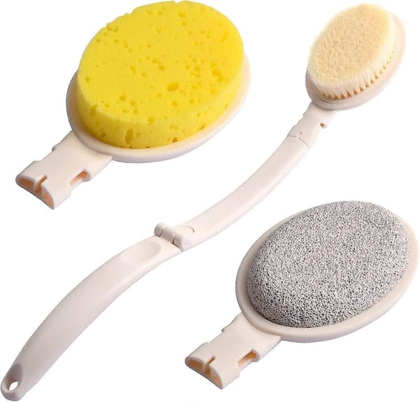 3-in-1 Bath Brush Set, Foldable Long Handle Shower Brush, Bath Brush with 3 Replaceable Heads Bristle Sponge Pumice Head for Exfoliating Shower-3