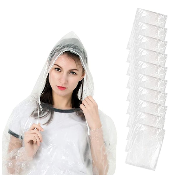 10 stk. transparente engangsregnponchoer med hette