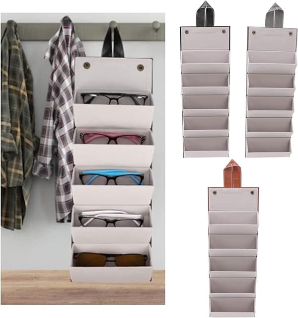 Hængende solbrilleorganizer, foldbar PU-læder brilleholder til flere briller, mænd og kvinder, sort