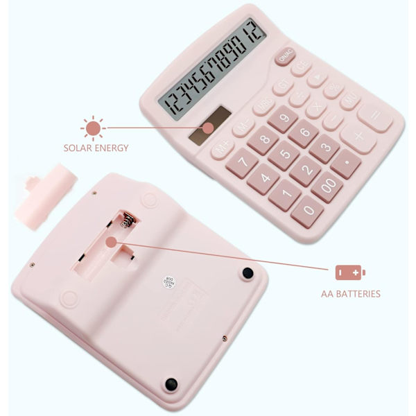 Pink Calculator, Desktop Calculator 12 Digits with Large LCD Display
