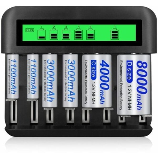 8 Slots Hurtig LED Universel Batterioplader, Batterioplader til AA/AAA/C/D NI-MH NI-CD Genopladelige Batterier med USB-Port