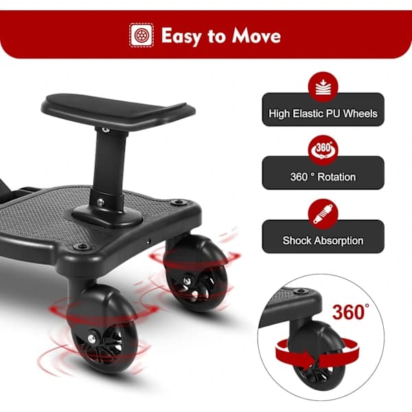 Universal Siddebræt til Barnevogn, Universal Skateboard til Barnevogn med Sæde, til Børn fra 2 til 6 År (25KG) (Sort)