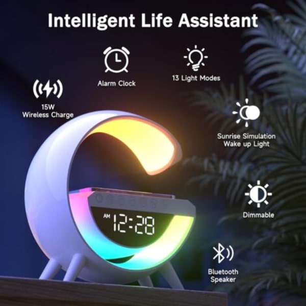 Trådlös laddare, väckarklocka, dimbar stämningsbelysning, smart skrivbordslampa med Bluetooth-högtalare, 13 belysningslägen för vuxna, barn, kontor, sovrum