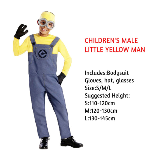 Bob Minion-kostym för barn, pojke och flicka, med jumpsuit, skyddsglasögon och hatt, storlek S Girl S