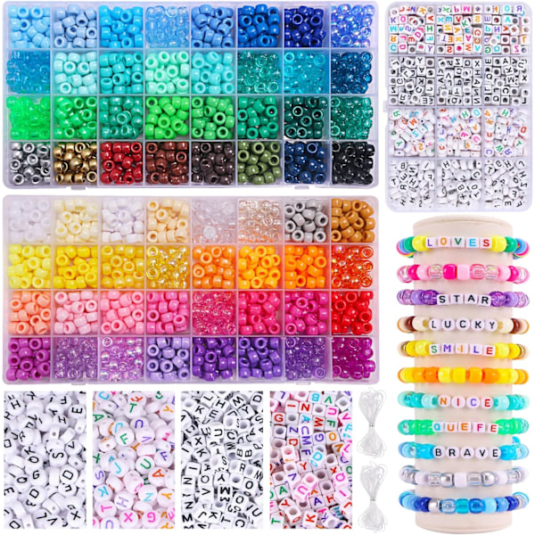 XJ-2350 st, 64 farger, Pony Beads for armbånd og halskjeder, Regnbuehåndverksperler og elastiske snorer kit, Bokstavperler sett for jente