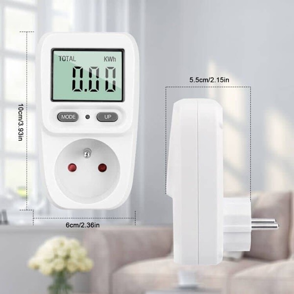 Energimåler, wattmåler, stikkontakt, strømforbruk, kontaktstyring, kWh-måler, maksimal effekt 3680 W, 16 A, for energisparing.