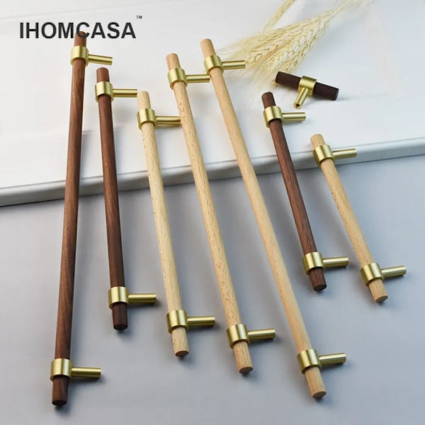 IHOMCASA Nordisk Stil Messing Sort Valnød Møbelhåndtag Trægreb Skab Garderobe Kommode Skoskuffe Skabsknapper