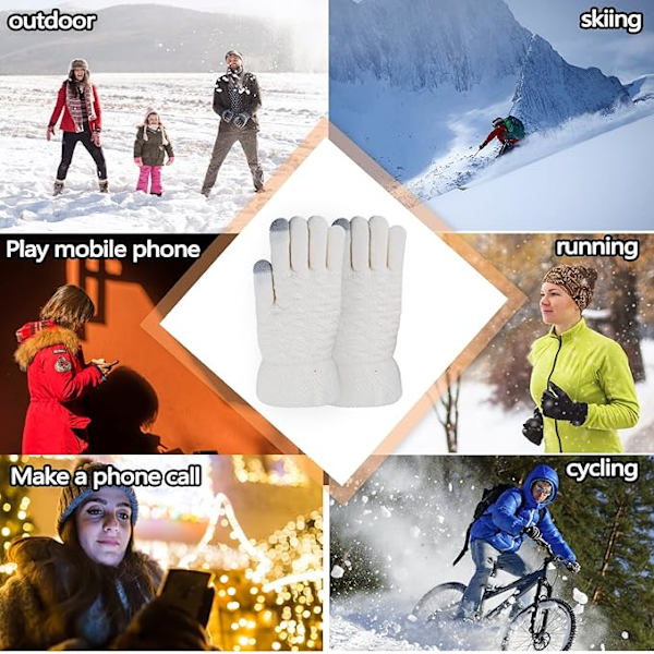 Vintervarma Touchscreen-handskar för kvinnor, termiska stickade ullhandskar med fleecefoder för kallt väder White