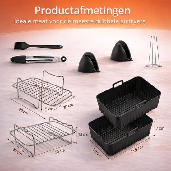 Tilbehørssæt til airfryer, dobbelte airfryer-riste, silikonekurve, bagepapir, tang og børste til Ninja airfryere, sort