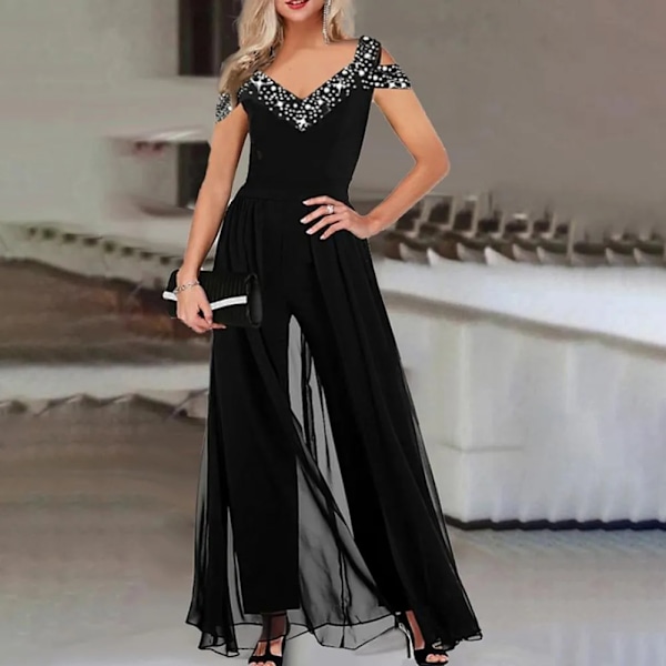 Dame Jumpsuits Ensfarget Lang Jumpsuit Elegant Dame Wide Leg Jumpsuit med V-hals Mesh Patchwork for Fester Arbeid eller Ball