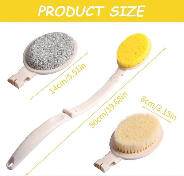 3-in-1 Bath Brush Set, Foldable Long Handle Shower Brush, Bath Brush with 3 Replaceable Heads Bristle Sponge Pumice Head for Exfoliating Shower-3
