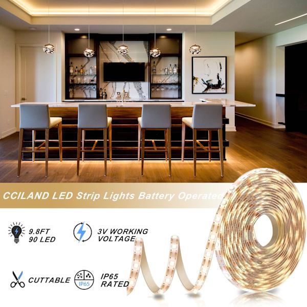 3m Battery Powered LED Strips with Remote Control, 90 LED Lights Waterproof, 8 Modes, Dimmable, Timer, Self-Adhesive, Cuttable (Warm White)