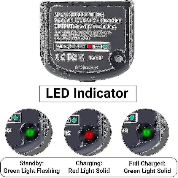 Erstatningsoplader Kompatibel med Black & Decker 9.6v 12v 14.4v 18v Nicad Nimh Batteri Hpb18-ope Hpb18 Hpb14 Hpb12 Hpb96 244760-00 A1718 Fsb18 B