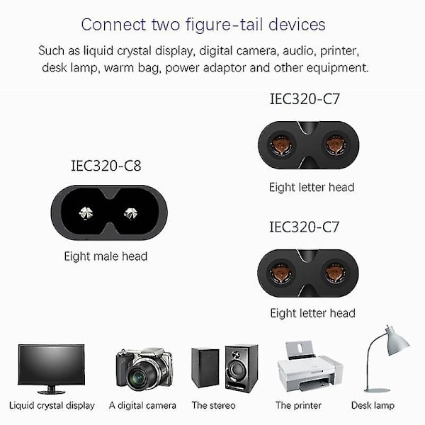 Iec320 C8 till 2x C7 Y Split AC Strömkabel, Iec Figur 8 Hane till 2 Hona 1 in 2 ut AC Strömkabel