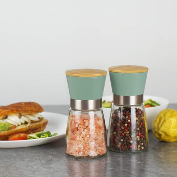 Pepper And Salt Grinder Set With Ceramic Core, 2-Piece Bamboo Detail, For Kitchen And Dining Table, Green