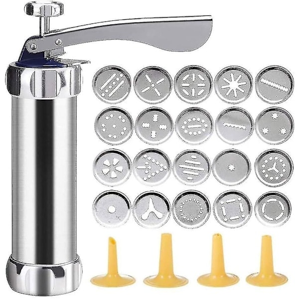Press-Aluminium Kakpress-Set, Bakverkspress med 20 Munstycken och 4 Tunna Degskivor i Rostfritt Stål, Silver