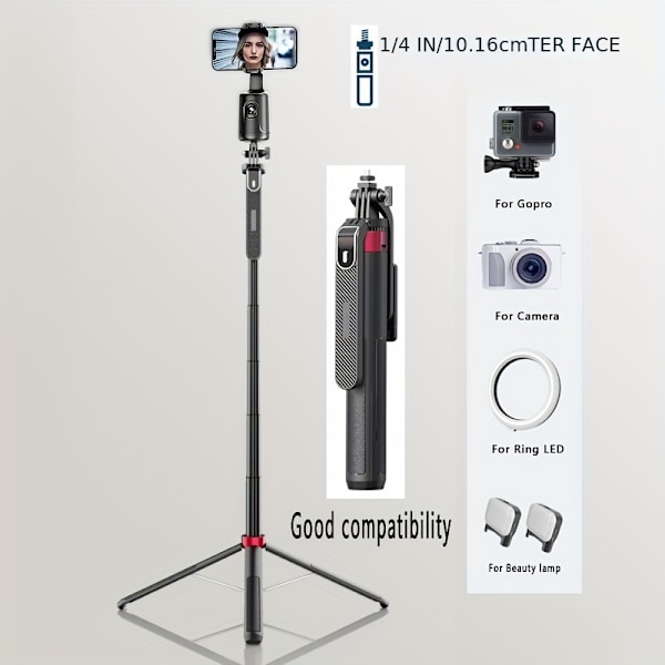 XJ-72\" Selfie Stick Stativ, Portabelt Kamerastativ, P185, 1.85M, Allt-i-ett Utdragbart Telefonstativ med Trådlös Fjärrkontroll 360° Rotation (YJD)