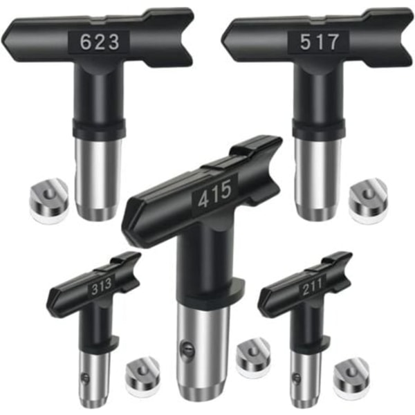 Tilbehør til luftløs sprøyte, reversibelt sprøytehode, 5 luftløse dyser for luftløse malingssprøyter og luftløse sprøyter 211, 313, 415, 517, 623 Svart