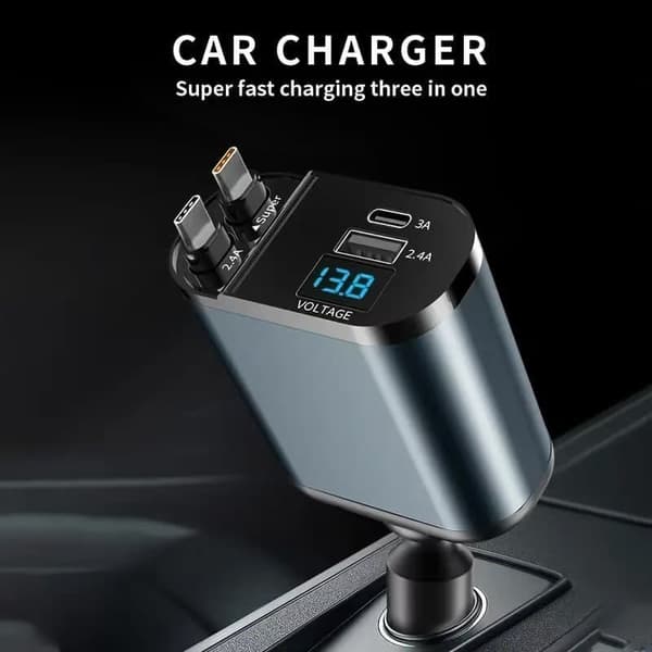 2-pack Retractable Car Chargers - Dual USB-C Cables, PD Fast Charging, Voltage Meter, Water-Resistant Cigarette Lighter Adapter