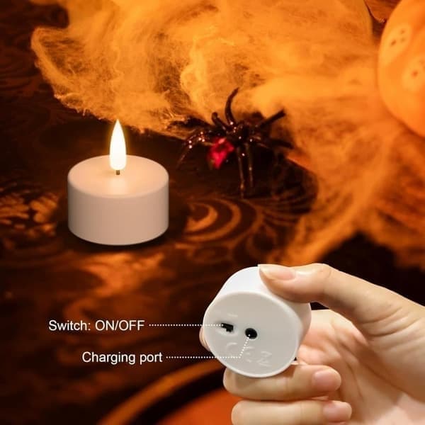 12-pack rechargeable LED candle tealights with remote control and timer without flame charge – flickering warm lights Halloween, Christmas and party decorations White 300