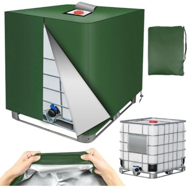 1000L Säiliön Suojus, 420D IBC Säiliön Suojus Vetoketjulla, IBC Suojapeite Tarranauhakiinnityksellä, UV-Suojattu Pölytiivis Vesisäiliön Suojus, 120x100x116cm (Vihreä)