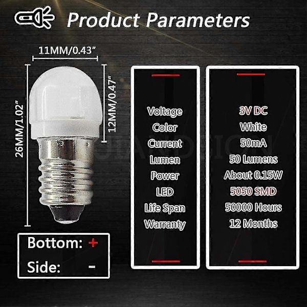 XJ-4 stk 3V 0,2W E10 LED-lamper 5050 1SMD Hvit 3000K LED-lampe Erstatning Oppgradering For Hodelykter Lommelykter Fakler -Yvan