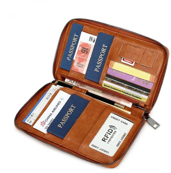 RFID-blokerende pasmappe, PU rejsearrangør med flere rum, håndledsrem til rejser, brun, 20 x 12,5 x 2 cm coffee