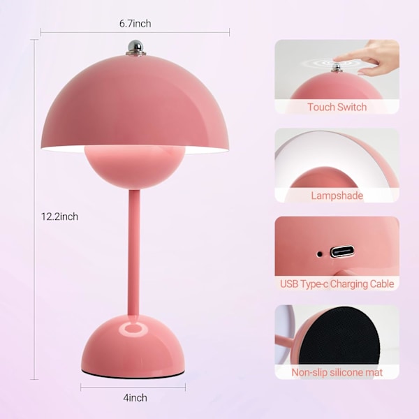 XJ-Modern Trådløs Soppformet Bordlampe, 5200mAh Oppladbart Batteri, 3 Farger Trinnløs Dimbar, Bærbar Nattbords LED-Skrivebordslampe