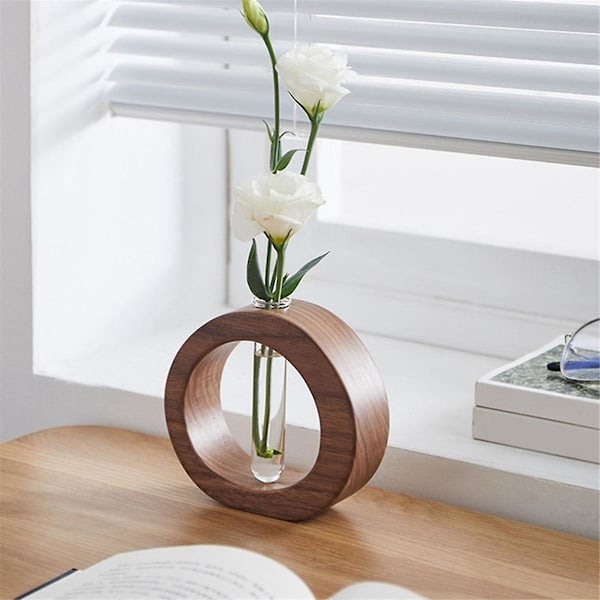 XJ-Enkel Vas med 1 Provrörsglas, Bordsvas, Trävas, Blomsterbas, Transparent, Flöde