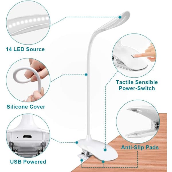 Reading Light, Reading Lamp 14 LED Brightness 360° Flexible Neck for Reading Night Work