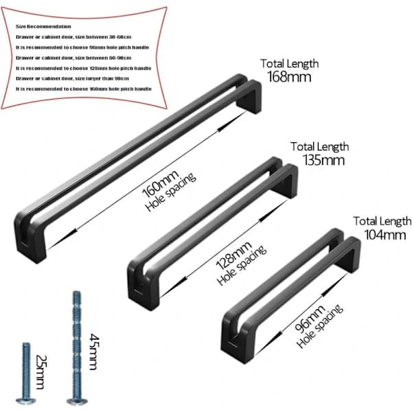 (6-pack) Knoppar för köksskåp, svarta lådknoppar, 96 mm centrumavstånd, knoppar för sovrumsskåp mod[pl]