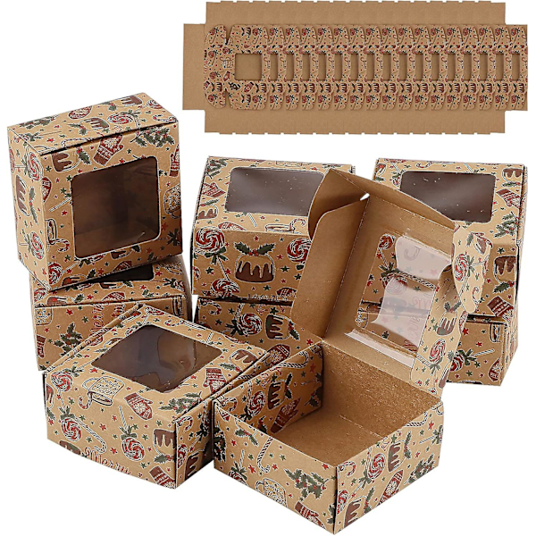 XJ-24 Mini Kakaskaronger 8x8x4cm Kraftpapperskarong med Fönster Julkakask Enkel Muffinsask Liten Bageriask Mini Julklappsask För C