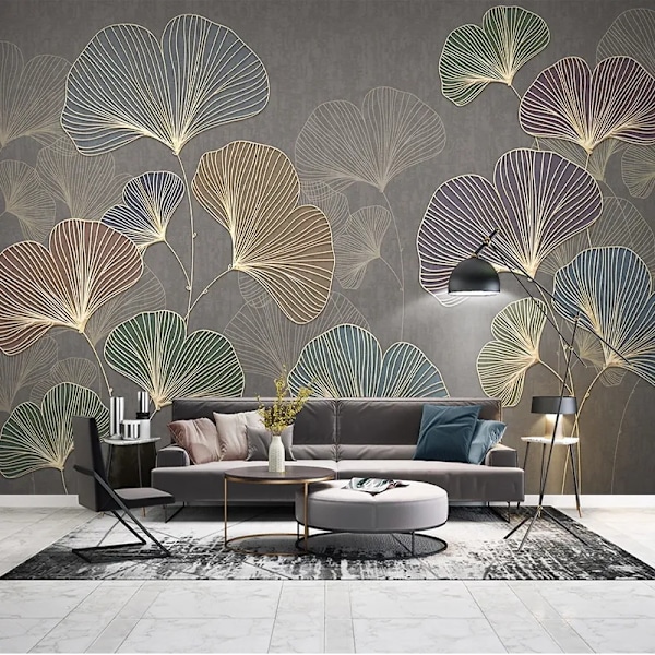 Modern Linje Relief Ginkgoblad Fototapet 3D Väggmålning Vardagsrum Sovrum TV Soffa Heminredning Konst Mural Väggbeklädnad