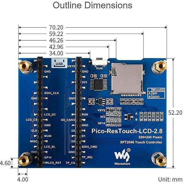 XJ-2.8inch Resistiv Touch Display Modul For Raspberry Pi Pico, 320x240 Piksler Ips Lcd Skjerm, touch