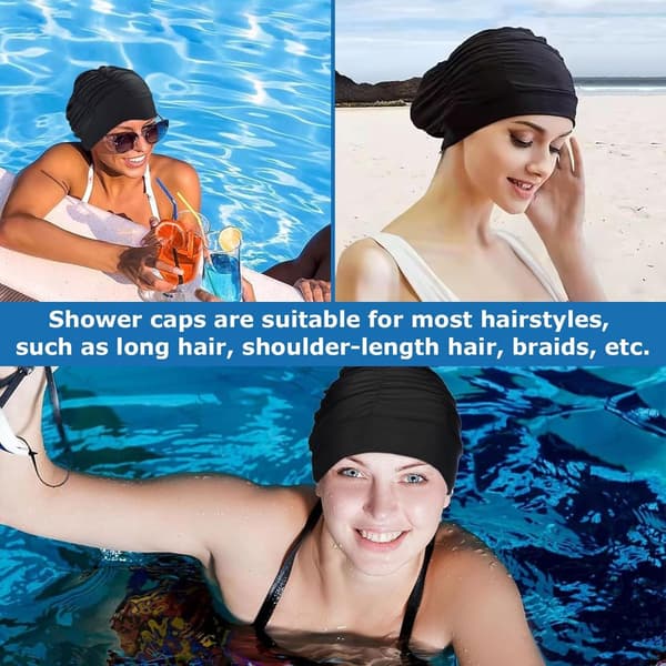 Oversized badehat til kvinder, svømmehætte i nylon til langt hår, plisseret design beskytter fletninger og krøller, One Size, sort