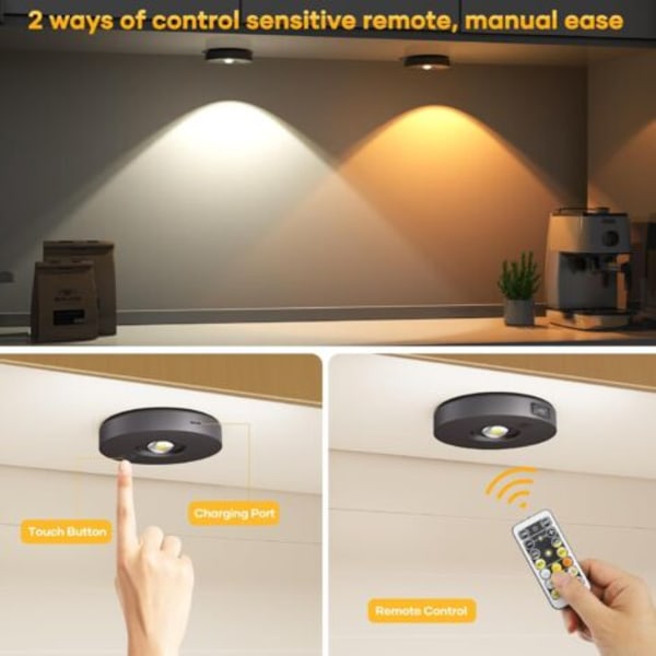 USB Genopladelig LED Spotlight, Underskabsbelysning, LED Skabslys med Fjernbetjening, Trådløse LED Vitrineskabslys med Timer (6 stk)