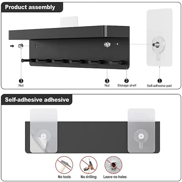 Nøgleholder Hylde Nøgleboks i rustfrit stål Vægmonteret sort 24,5(L)x5,8(H)x4,3(B) cm sort