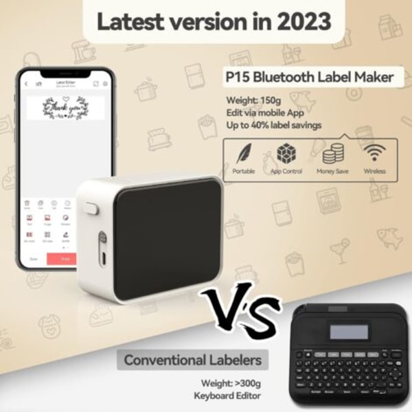 Bluetooth Label Maker, P15 Mini Sticker Label Printer, App-tilslutning, iOS- og Android-kompatibel, Ideel til hjemmet, kontoret og skolen (Beige)