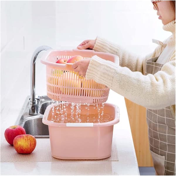 Double-Layer Multifunctional Vegetable Washing Bowl with Drain Basket - Thickened Large Plastic Kitchen Colander for Fruits & Vegetables Blue