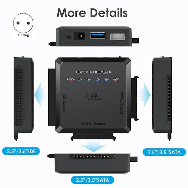 XJ-SATA - USB 3.0 IDE SATA -sovitin USB3.0 USB2.0 SATA -kaapeli 2,5 3,5 kiintolevylle HDD SSD USB IDE SATA EU-pistoke