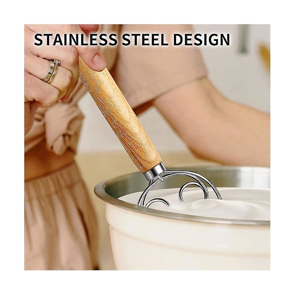 XJ-Degvisp Rostfritt Stål Degvisp Holländsk Stil Bröddeg Handmixer Trähandtag Kök